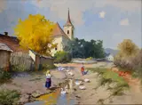 Antal Neogrády, Dve husiarky pri potoku, Okolo 1925, Olej na plátne