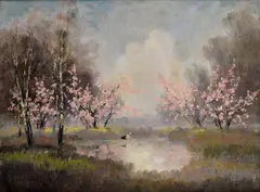 – Kovács László Kézdi, Kvitnúce stromy (Bocian), Okolo 1900, Olej na plátne