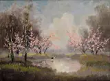 – Kovács László Kézdi, Kvitnúce stromy (Bocian), Okolo 1900, Olej na plátne