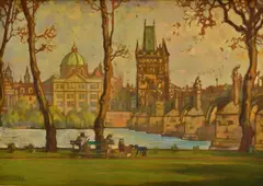Karel Kostial, Na nábreží Vltavy, Okolo 1910, Olej na kartóne
