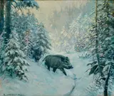 Karl Sovanka, Diviaci v zime, Okolo 1940, Olej na plátne