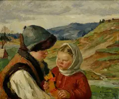Mária Medvecká, Deti z Oravy (S dreveným koníkom), 1954, Olej na plátne