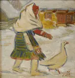 Jan Hála, Dievča s húskou, 1943, Olej na plátne, dublované na kartóne
