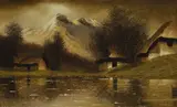 Chalupy pri rieke by Eugen Szepesi-Kuszka, Okolo 1915, Olej na kartóne, sold Mar 2015