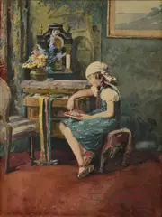 Dievčatko v interiéri by Endre Komáromi-katz, Okolo 1930, Akvarel na papieri, sold Mar 2015