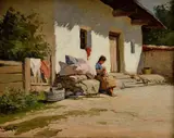 Gyula Zorkóczy, Žena na priedomí, Okolo 1930, Olej na dreve