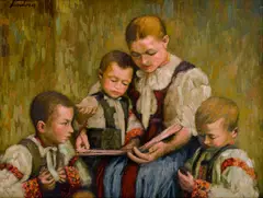 Ján Šandora, Matka s deťmi (Nad knihou), Okolo 1940, Olej na preglejke