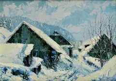 Ján Šandora, Chalupy v zime, Okolo 1970, Olej na kartóne