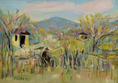 Jozef Ilečko, Vinohrady pri Mysleniciach, Okolo 1970, Tempera na papieri