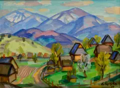 Andrej Andrejovič Kocka, Dedina pod horami, 1977, Olej na plátne
