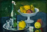 Jozef Trepáč, Zátišie s ovocím a minerálkou, 1995, Vaječná tempera na lepenke