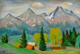 Karol Feňveš, Chaty pod horami, Okolo 1990, Olejová tempera na kartóne