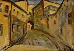 Horná Strieborná ulica v Banskej Bystrici by Július Flache, Okolo 1950, Olej na plátne, sold Dec 2014