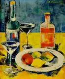 Miertušová Anastázia, Zátišie s fľašou vína a ovocím, 1960, Olej na plátne