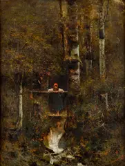 Ladislav Mednyánszky, Dievča na lávke (Nad vodopádom), Okolo 1885 - 90, Olej na plátne