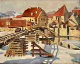 Július Flache, Predmestie Bystrice v zime, Okolo 1940-50, Olej na plátne