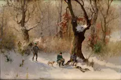 Poľovníci v zime by Antal Neogrády, Okolo 1920, Olej na plátne, sold Sep 2014