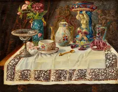 László Reiner, Zátišie so starožitným porcelánom, Okolo 1920, Olej na dreve