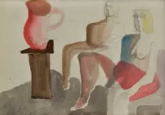 Dvaja s vázou by Milan Paštéka, 1976, Akvarel na papieri, sold Sep 2014