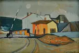 Krajina so železničnými závorami by Vincent Hložník, Okolo 1948, Tempera na papieri, sold Jun 2014