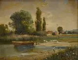 Gyula Zorkóczy, Rybník pri dedine, Okolo 1920, Olej na kartóne