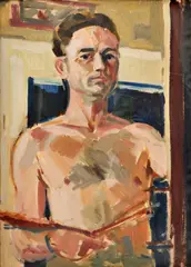 Semian Ervín, Autoportrét (Pred stojanom), 1957, Olej na kartóne