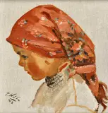 Važecké dievča v šatke by Jan Hála, 1942, Olej na plátne, dublované kartóne, sold Mar 2014
