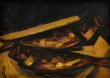 František Studený, Údenáče na okrovom stole, 1962, Olej na kartóne