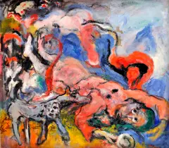 Július Jakoby, Spadnutý so psom, 1968, Olej na sololite