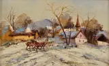 György Németh, V zime na dedine, Okolo 1920, Olej na plátne, dublované na kartóne