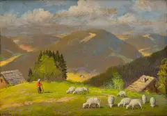 Antonín Hajdůček, Pastierka oviec, Okolo 1920, Olej na kartóne