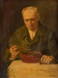 Géza Kukán, Portrét muža s hrncom polievky, Okolo 1930-40, Olej na plátne