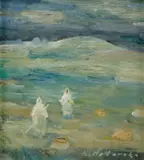 Zelené brehy by Mária Medvecká, Okolo 1975, Olej na preglejke, sold Dec 2013
