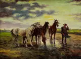 - Rheinfuss Eduard Lengyel, Napájanie koní, Okolo 1910, Olej na plátne