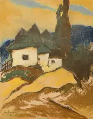 Tri chalupy by Palugyay Zolo, Okolo 1930, Pastel na papieri, sold Dec 2013