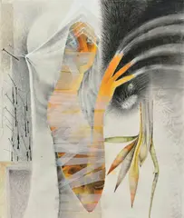 - Szabó Alžbeta Štefunková, Priateľské pohladenie (z cyklu Portréty panien pošetilých), 1981 - 92, Farebné ceruzy, asambláž na papieri