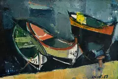 Rudolf Krivoš, Loďky v prístave, 1958, Olej na plátne, dublované na kartóne