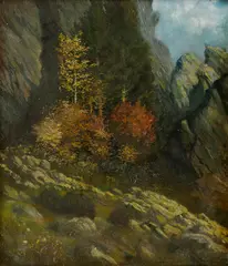 Jeseň v skalách by Ján Grotkovský, Okolo 1910-20, Olej na kartóne, sold Sep 2013