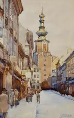 J. Drábek, Michalská ulica, 1934, Akvarel na papieri