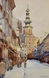 J. Drábek, Michalská ulica, 1934, Akvarel na papieri