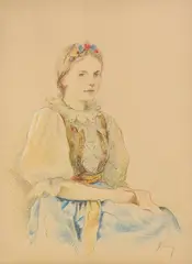 Gejza Salay, Dievča v kroji, Okolo 1935, Kresba farebnými ceruzami na papieri