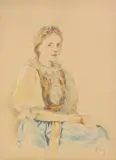 Gejza Salay, Dievča v kroji, Okolo 1935, Kresba farebnými ceruzami na papieri
