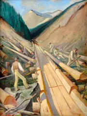Karol Ondreička, Spúšťanie dreva, 1951, Olej na plátne