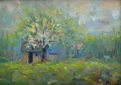 Jozef Ilečko, Jar v sade, Okolo 1960, Olej na plátne, kašírované na kartóne