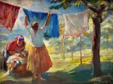 Antal Áron Péczely, Vešanie prádla, Okolo 1930, Olej na plátne