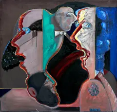 Stanislav Balko, Ťažkosti donášačov alebo nepríjemný rozhovor, 1986, Olej na plátne