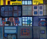 Július Koller, Mesto - Kombi obraz (s domácou televíznou anténou), 1965, Olej na plátne