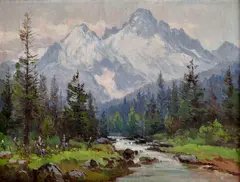 Tatry by Ján Grotkovský, Okolo 1940, Olej na vrecovine, sold Mar 2013