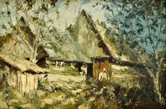 Ján Šandora, Dedinský dom, Okolo 1960, Olej na kartóne