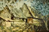 Ján Šandora, Dedinský dom, Okolo 1960, Olej na kartóne